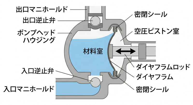 ダイヤフラムポンプのポンプヘッド構造図
