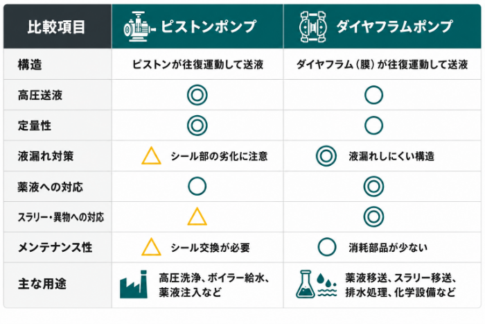 ピストンポンプとダイヤフラムポンプの違い・比較表